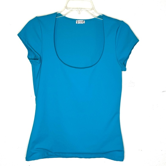 Free people clean lines baby tee L blue short sleeve scoop neck stretch - Picture 1 of 5